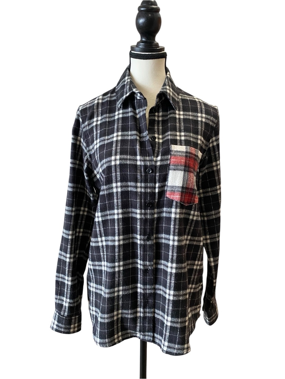 The Kooples Black and White Plaid Button-Up Shirt with Red Accent Pocket Size 1